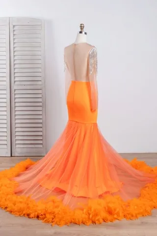orange feather long train African American prom dress