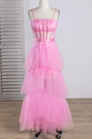 Sheer corset candy pink tiered tulle cute long party gown