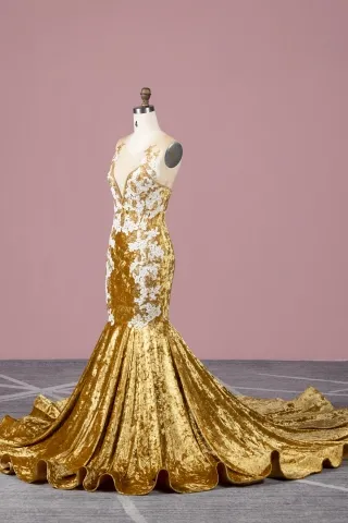 shiny gold velvet beaded lace prom dress