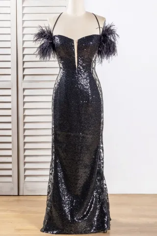 black sequin sheer lace short feather sleeve prom dress