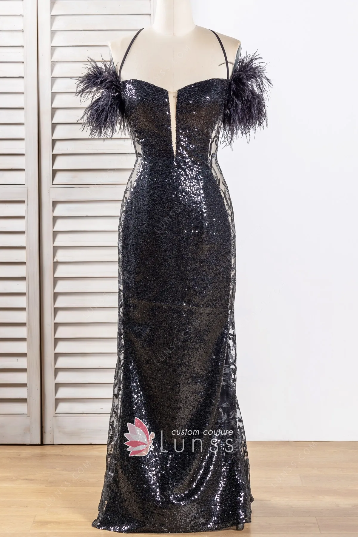 Black Sequin Sheer Lace Short Feather Sleeve Prom Dress Lunss