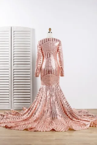 dazzling parallel lines pattern sequin long sleeve mermaid long train prom dress