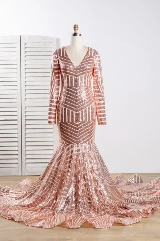 dazzling rose gold sequin mermaid long train prom gown