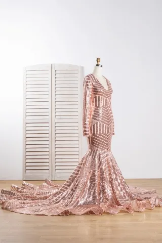rose gold sequin long train prom gown