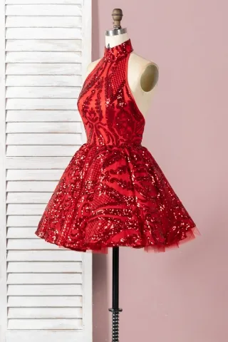 red sequin with tulle short puffy dress