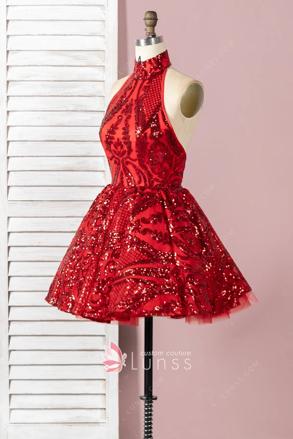 Unique Red Sequin with Tulle Short Puffy Cocktail Dress Lunss