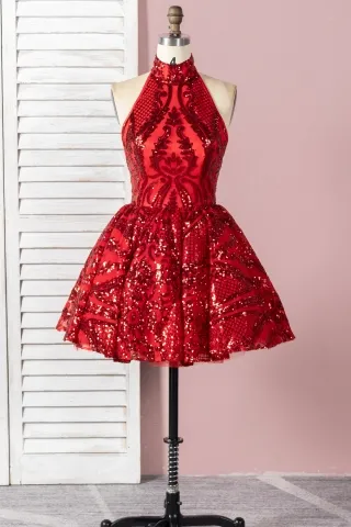 unique red sequin with tulle short puffy cocktail dress