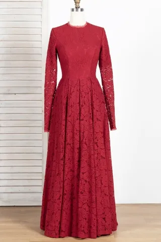 vintage garnet lace long sleeve a line evening dress