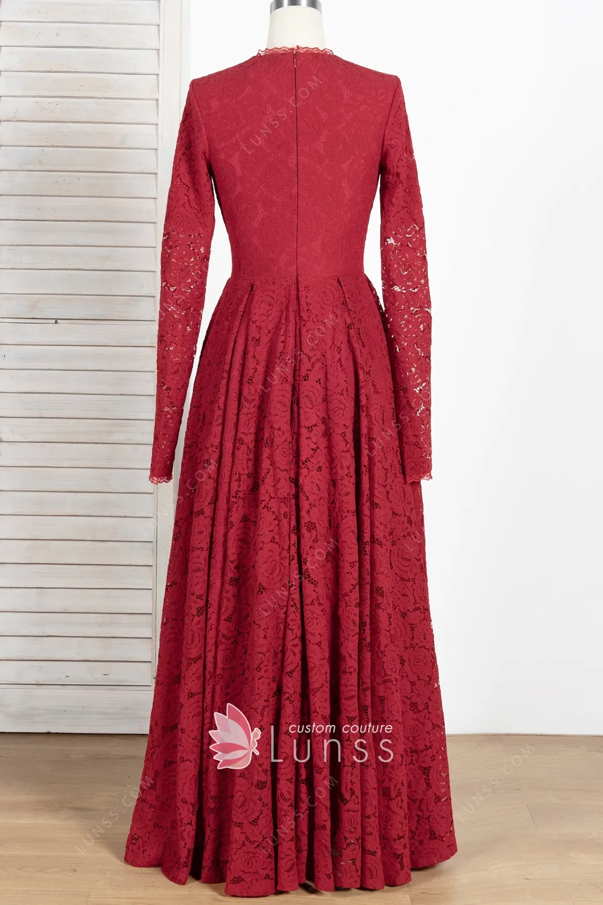 vintage garnet red lace long sleeve floor length A line long evening formal dress