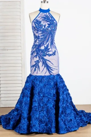 unique beading lace royal blue 3d rose trumpet prom dress