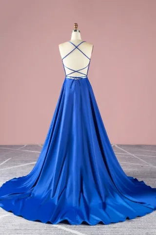 low back with spaghetti straps blue satin long dress