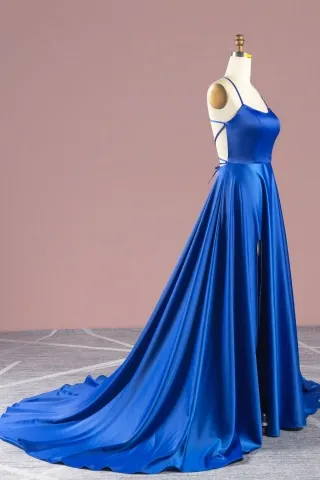 royal blue sleek satin sexy slit dress