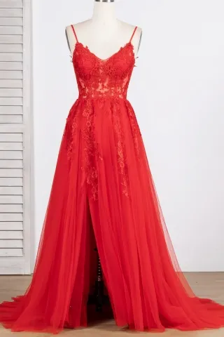 feminine illusion scarlet red lace tulle slit formal gown