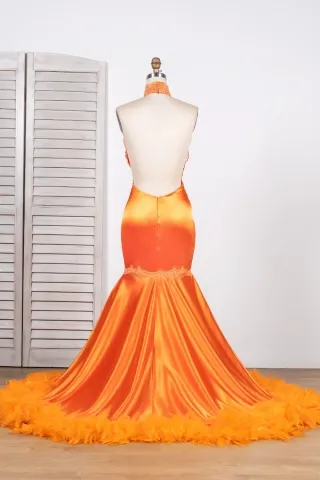 tangerine low back satin and feather African American prom dress