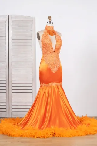 tangerine tassel low back feather dress