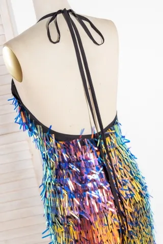 bedazzled iridescent sequin low back dress