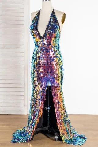 bedazzled iridescent sequin slit dress