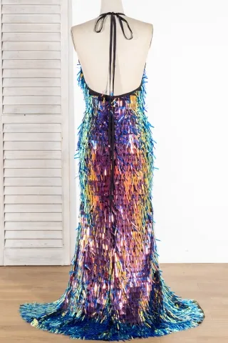 iridescent multi color sequin mermaid slit long prom pageant dress