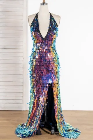 sparkly bedazzled iridescent sequin slit long prom dress