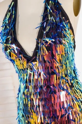 sparkly bedazzled long and narrow iridescent multi color sequin dress