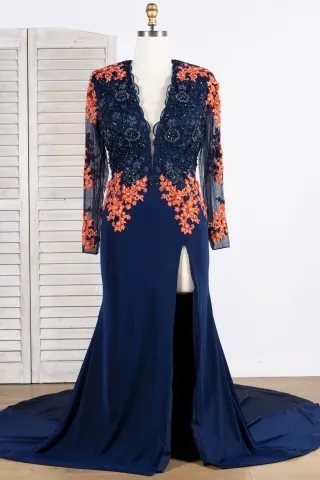 unique orange lace beaded navy mermaid long prom dress