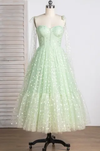 shiny heart tulle apple green tea length party dress