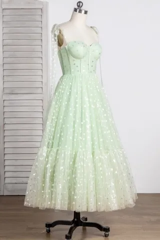 shiny heart tulle green tea length dress