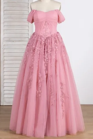 elegant rose pink pleated tulle lace long evening gown