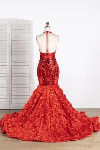low back halter strap red sequin 3D rose prom dress