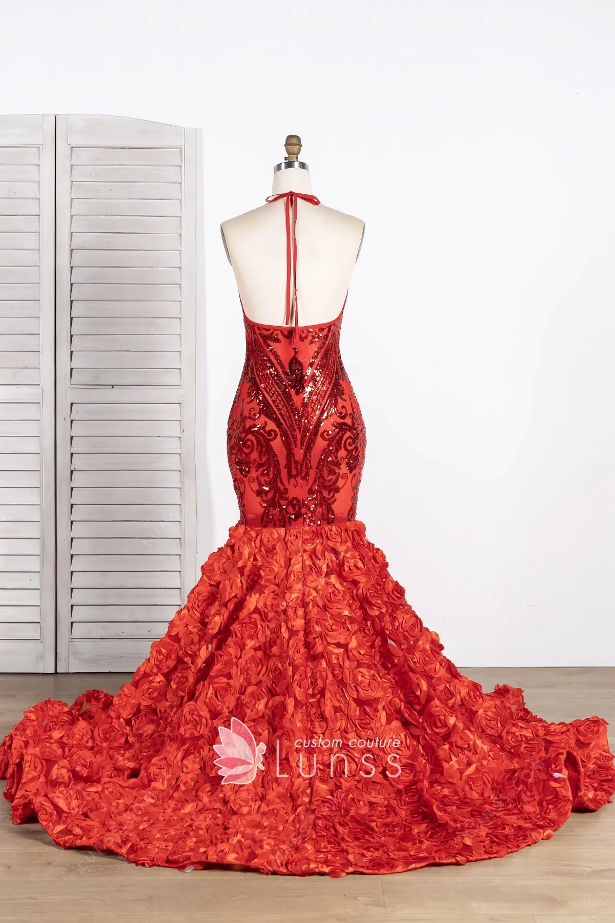 Red Geometric Sequined 3D Roses Trumpet Prom Dress