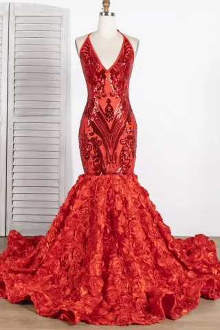 red sequin 3d rosette trumpet african american prom dress