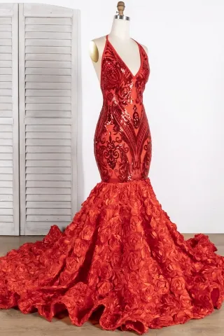 red sequin 3d rosette trumpet prom dress