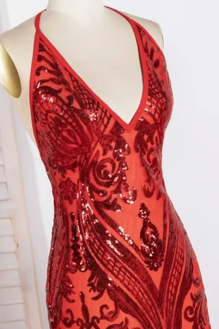 sparkly geometric pattern red sequin prom dress