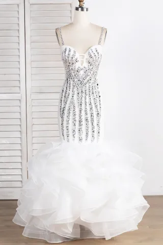 beaded white ruffled organza trumpet long prom dress