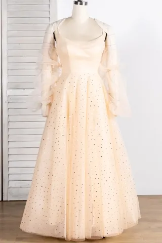 shimmering stars moons champagne tulle long formal dress