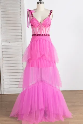 magenta crystals beaded candy pink sheer tiered prom gown