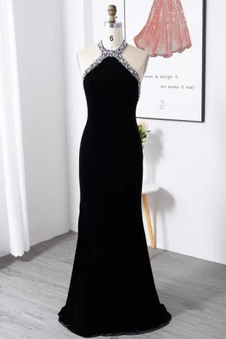 beaded halter strap elegant black velvet evening dress