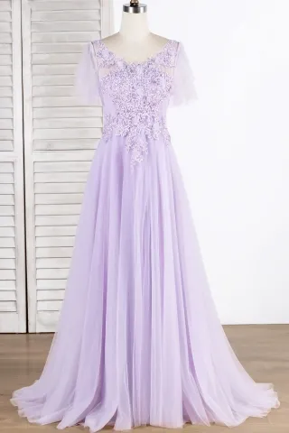lavender pearled flower lace soft tulle evening dress