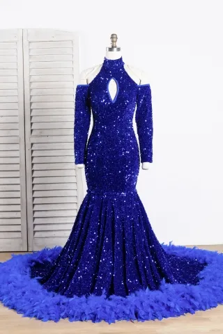 unique royal blue sequin feather long train prom dress