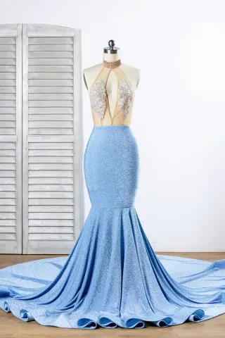 sexy beading bodice blue glitter long train prom dress