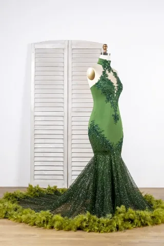 olive lace glitter feather prom dress