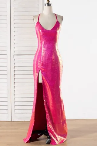 fashionable fuchsia sequin slit long evening formal dress