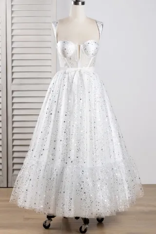 silver stars glitter glued tulle ankle length party dress