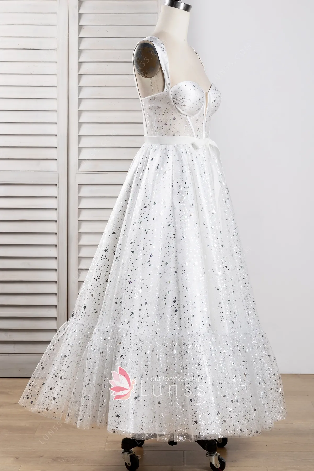 Silver Stars Glitter Glued Tulle Ankle Length Party Dress Lunss