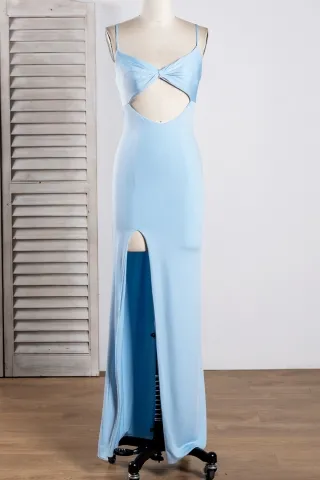 sexy cut out baby blue jersey slit long evening dress