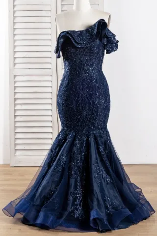 asymmetrical ruffled neckline navy mermaid formal dress