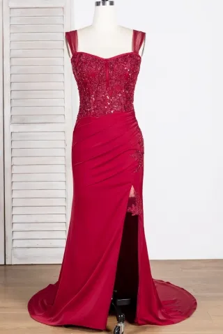 elegant side ruched wine beaded lace satin formal dress