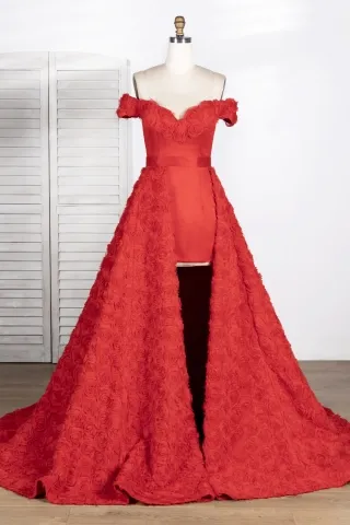 gorgeous red bodycon with split 3d rosette overskirt