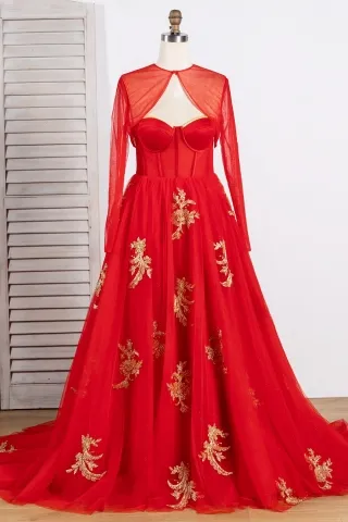 amazing chinese style red tulle gold lace formal dress