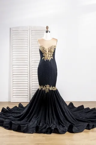 beaded gold lace glitter black long train prom dress
